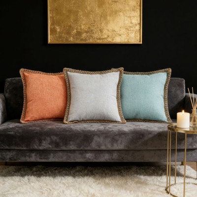 Solid Linen-Look Pillow Cover with Jute Trim, Decorative Cushion for Sofa & Bed