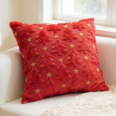 Plush Christmas Star & Tree Embroidered Cushion Cover, Festive Decor Pillow Cover for Sofa & Party