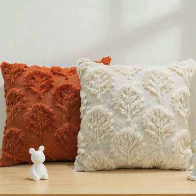 Plush Cushion Cover with 3D Leaf Embroidery, Decorative Pillow for Living Room Sofa