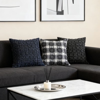 New Premium Light Luxury Polyester-Cotton Furry Checkered Double-Sided Pillowcase - Soft Fringed Cushion Cover for Living Room Sofa